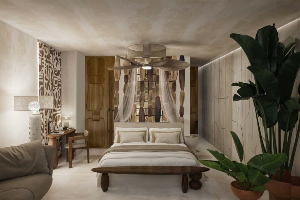 Luxury hotel room with wooden design and tropical plants at Bahati Hotel Zanzibar in Matemwe